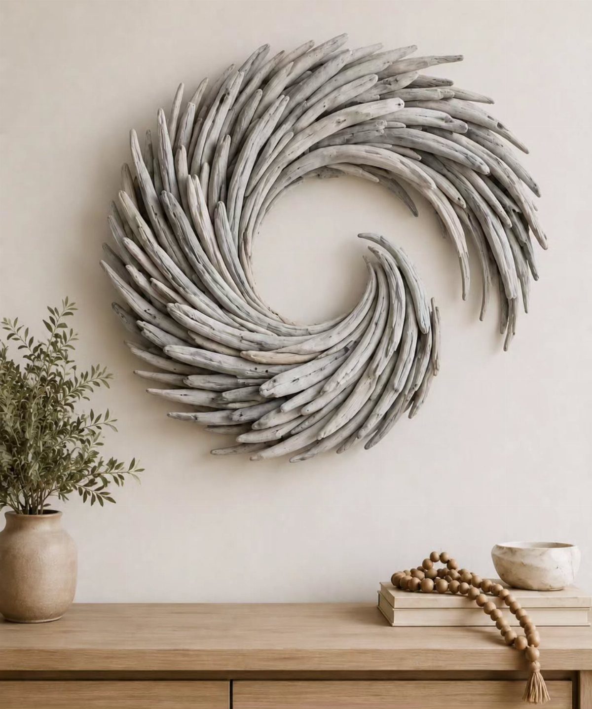 Large driftwood wall art in a swirling wave shape mounted above a wooden dresser.