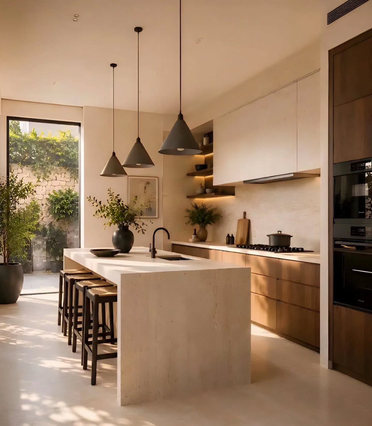 Sunlight streaming into a modern kitchen with a stone island and dark wood cabinets.