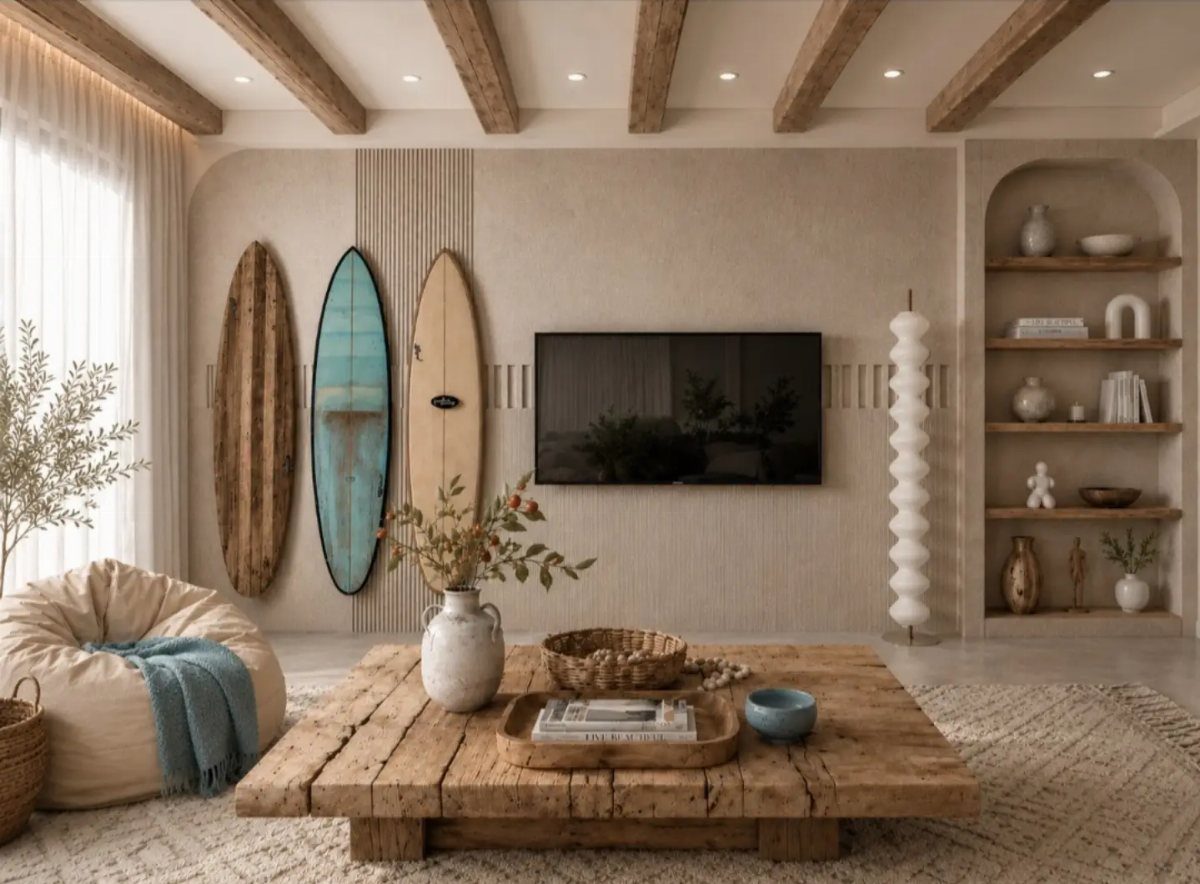 Rustic wooden coffee table and bean bag chair in a modern coastal living room.