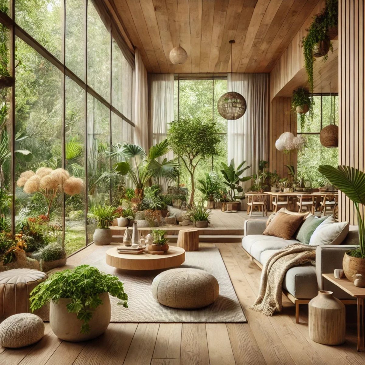 Sunlit modern living room with floor-to-ceiling windows, wooden architecture, and abundant indoor greenery.