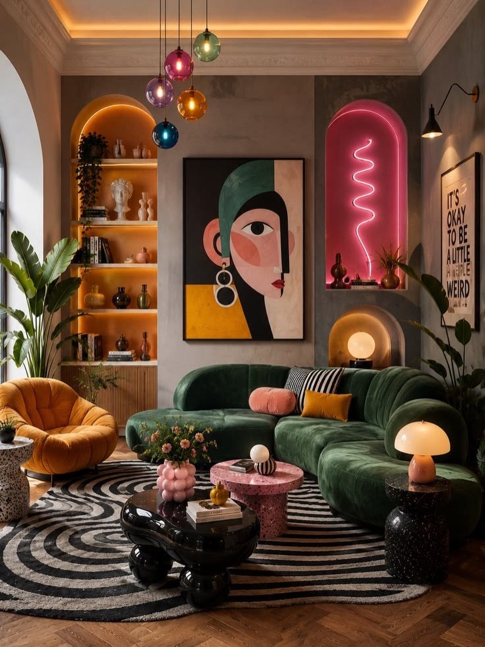 Colorful living room with green velvet sofa, large portrait art, and unique coffee tables.