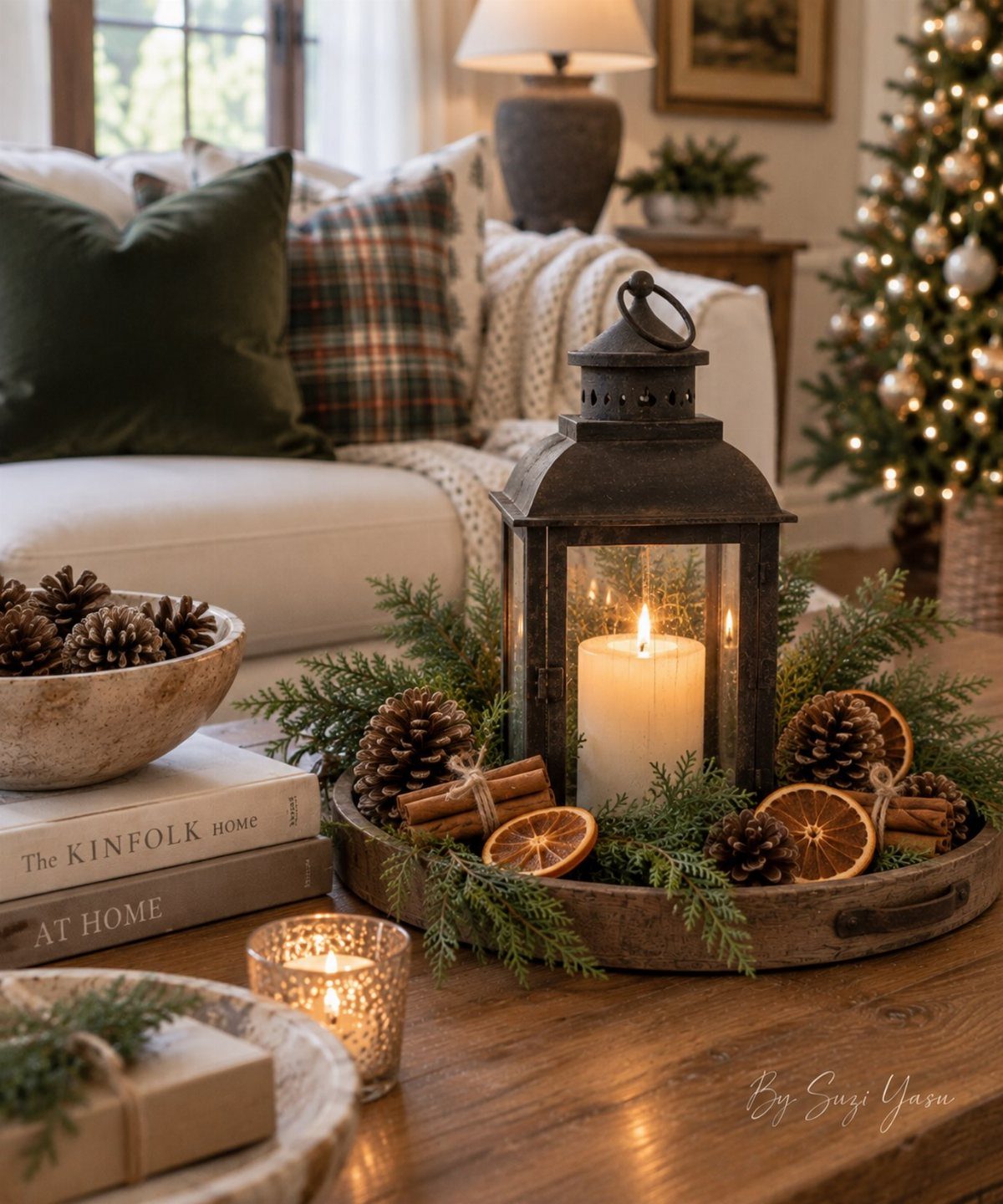 A festive coffee table arrangement with a lantern, pinecones, evergreen branches, and dried citrus slices.