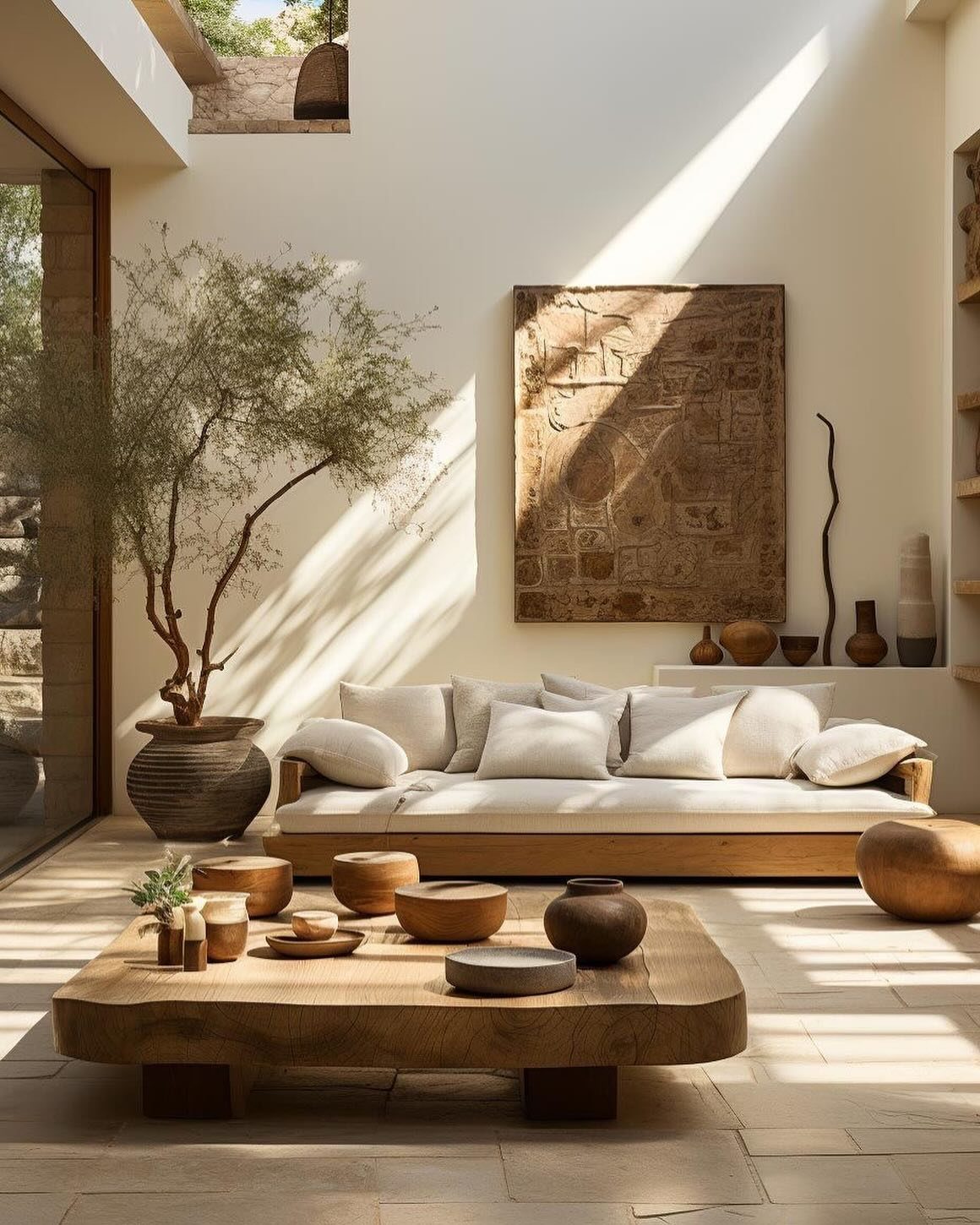Wooden coffee table with earthy ceramic bowls in a sunlit, minimalist living room.