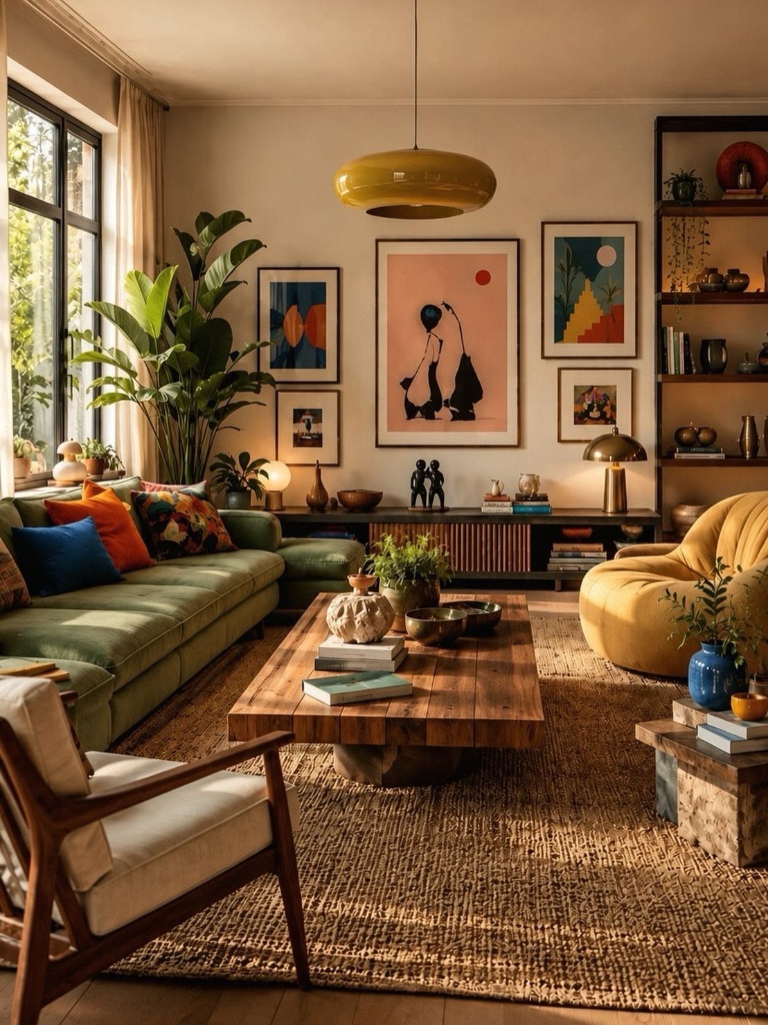 A colorful living room with a wooden coffee table, green sofa, and yellow armchair.