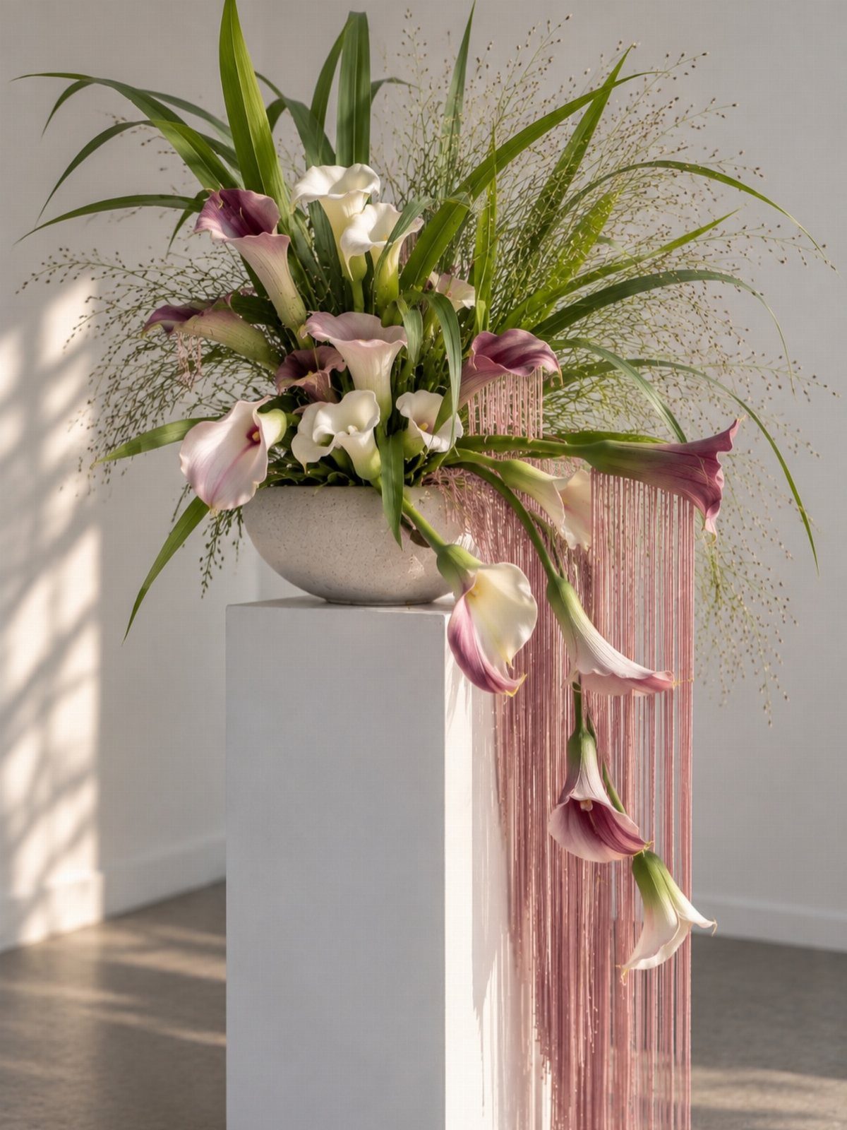 White and purple calla lilies in a low stone bowl on a white pedestal.