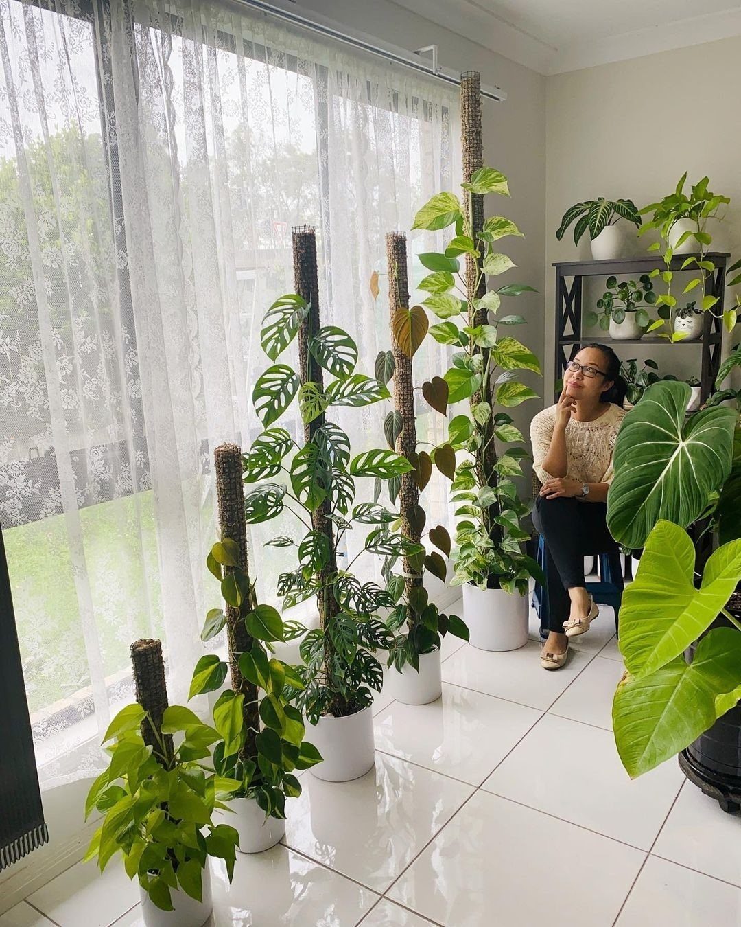 Large green indoor plants in white pots growing next to a woman by a window.