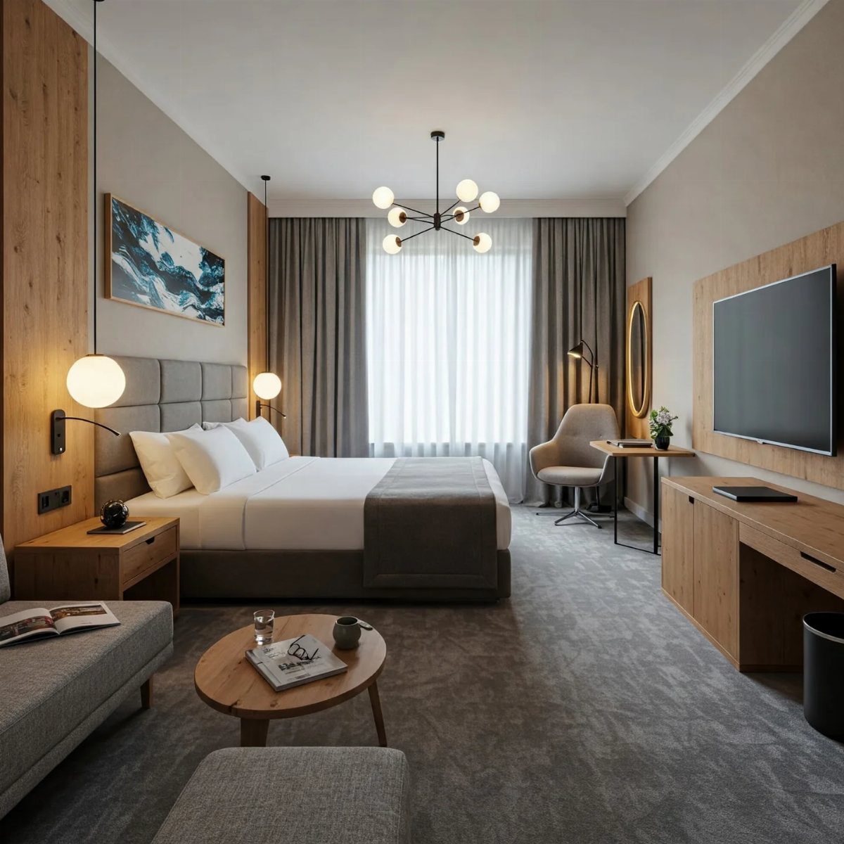 Modern hotel bedroom with a large bed, wooden accents, and a small seating area by the window.
