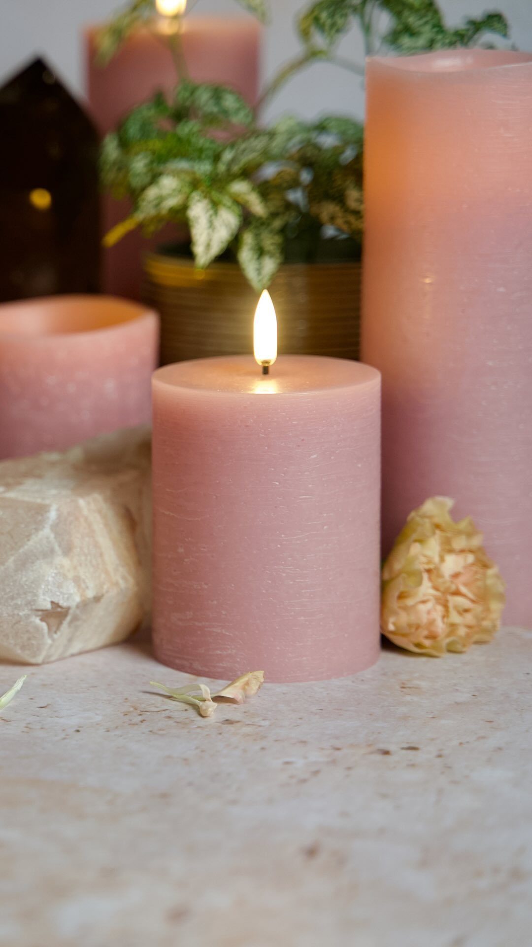 Pink pillar candles of different sizes arranged with a small plant and stones.