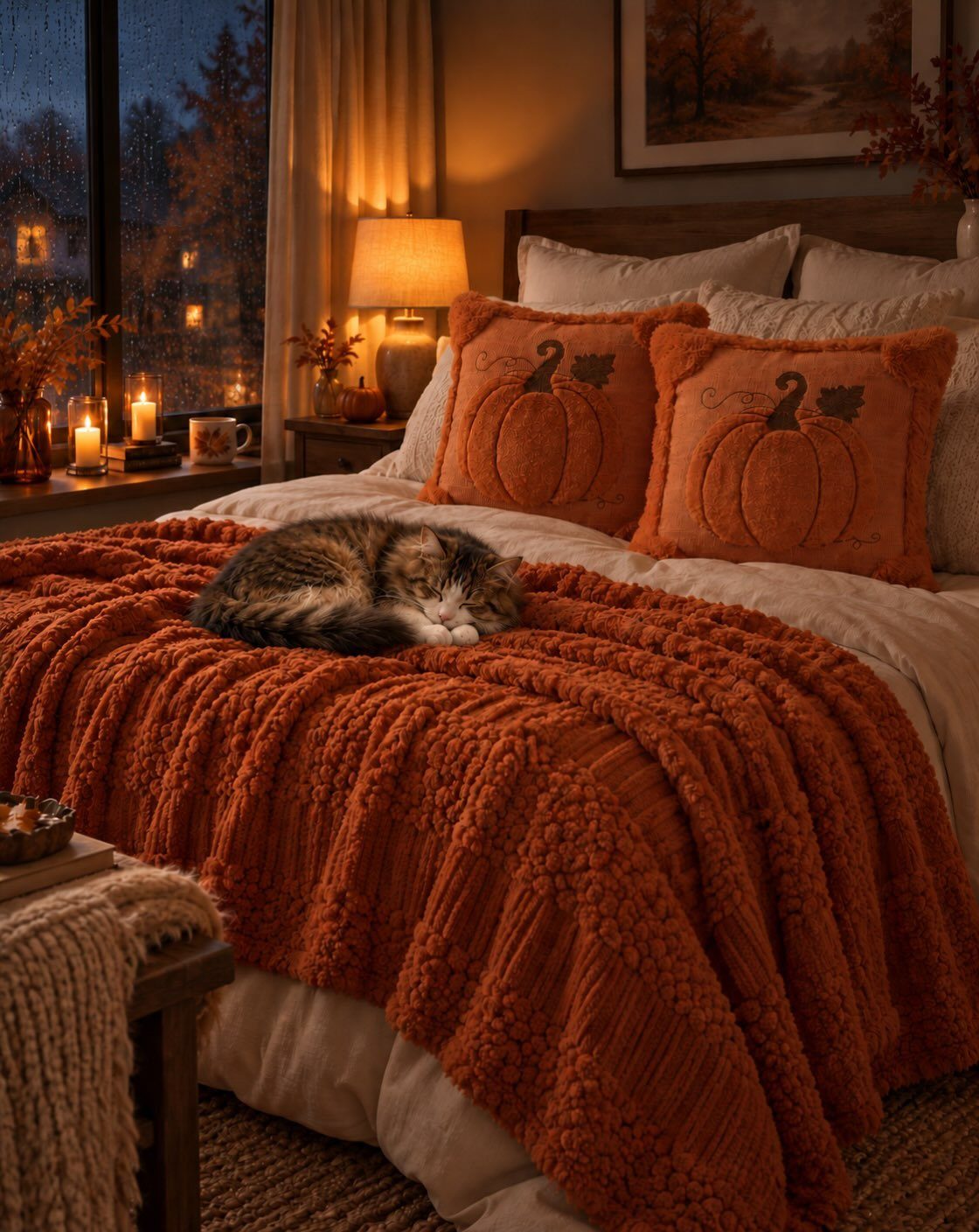 A sleeping cat rests on a bed covered with a chunky orange knit throw blanket.