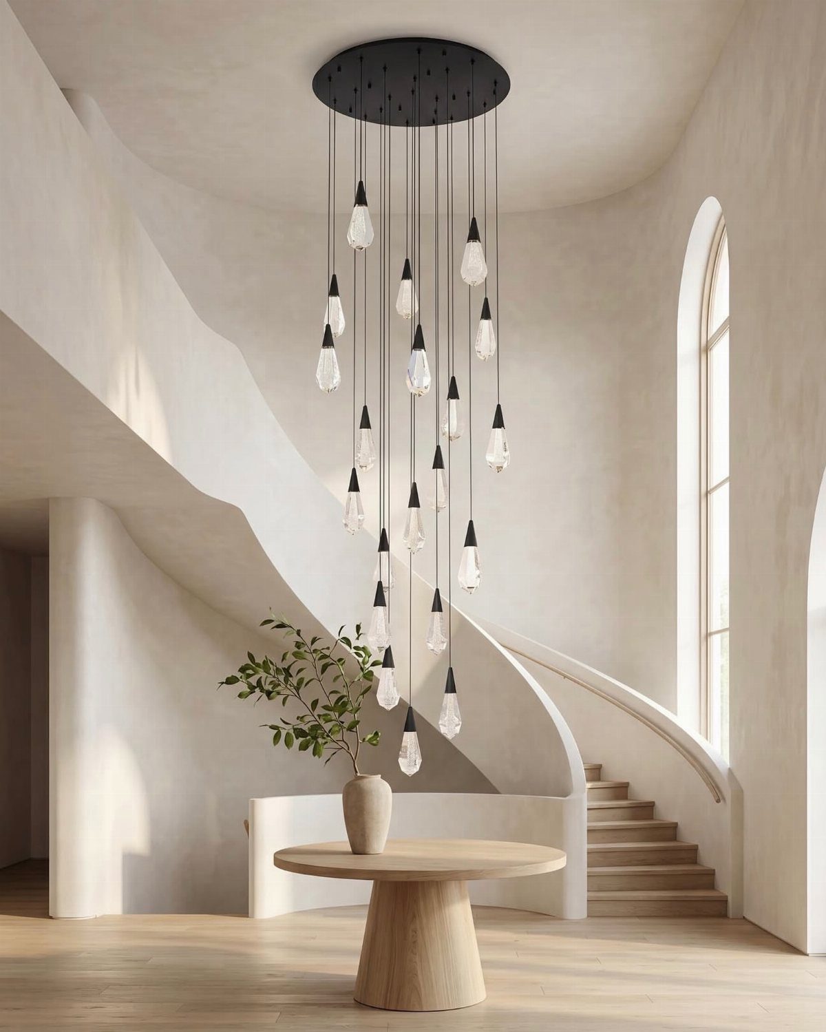 A modern black pendant chandelier with many white glass shades hangs in a minimalist room.