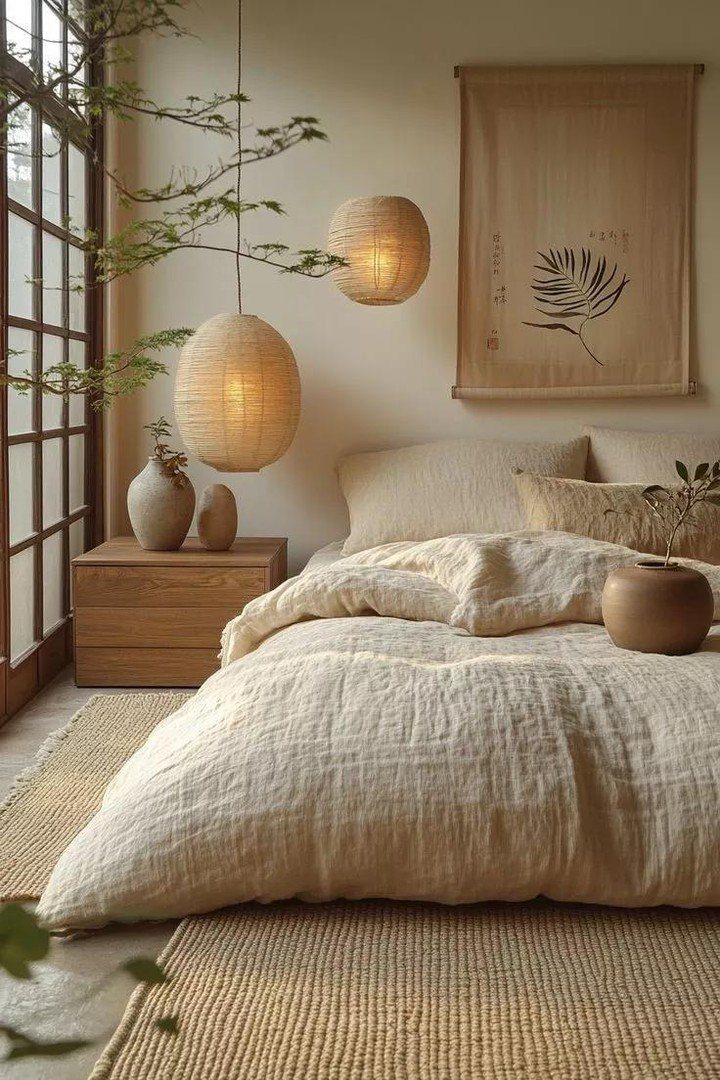 Cream linen bedding and paper pendant lights in a warm, neutral toned bedroom.