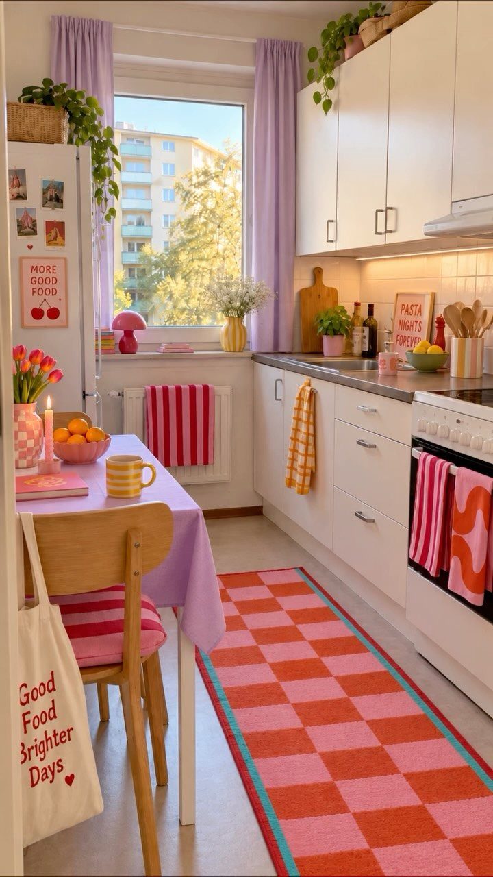 A colorful kitchen with a lavender tablecloth, checkered runner, and purple curtains.