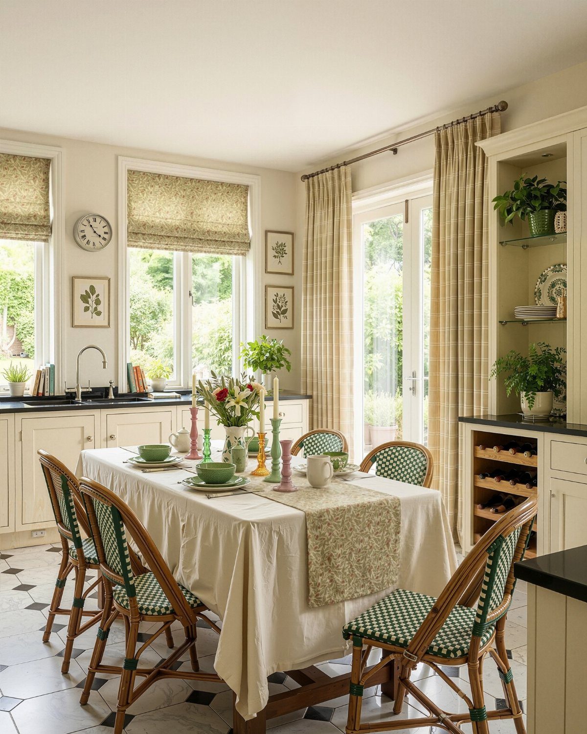 A dining table set with green bowls and cream linens in a bright kitchen.