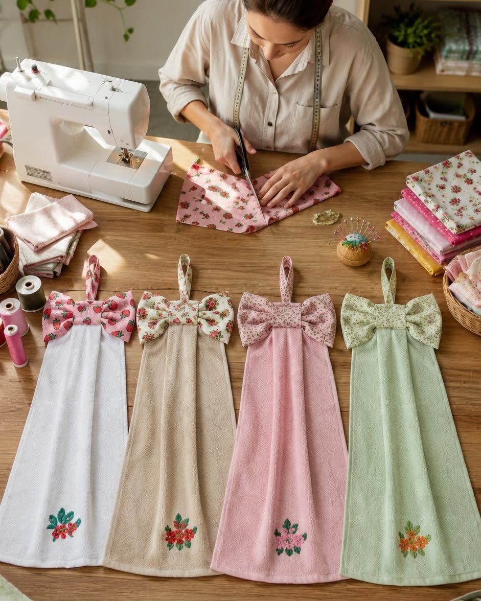 A woman cutting pink floral fabric at a table with sewing supplies and decorative towels.