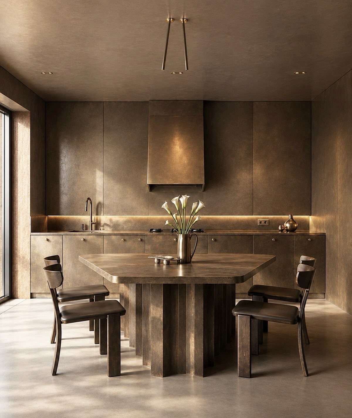 Dark metallic kitchen cabinetry and a large matching dining table with chairs.