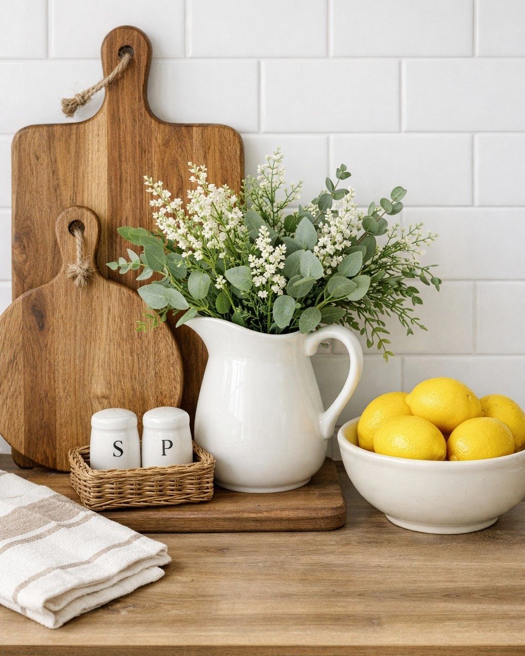 Wooden cutting boards, a floral pitcher, and a bowl of lemons on a kitchen counter.