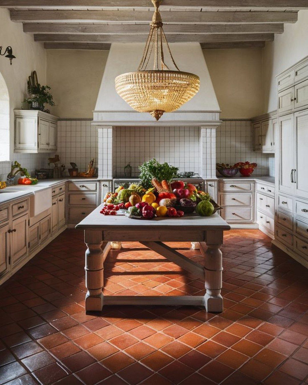Terracotta floor tiles in a rustic kitchen with a central vegetable-laden island.