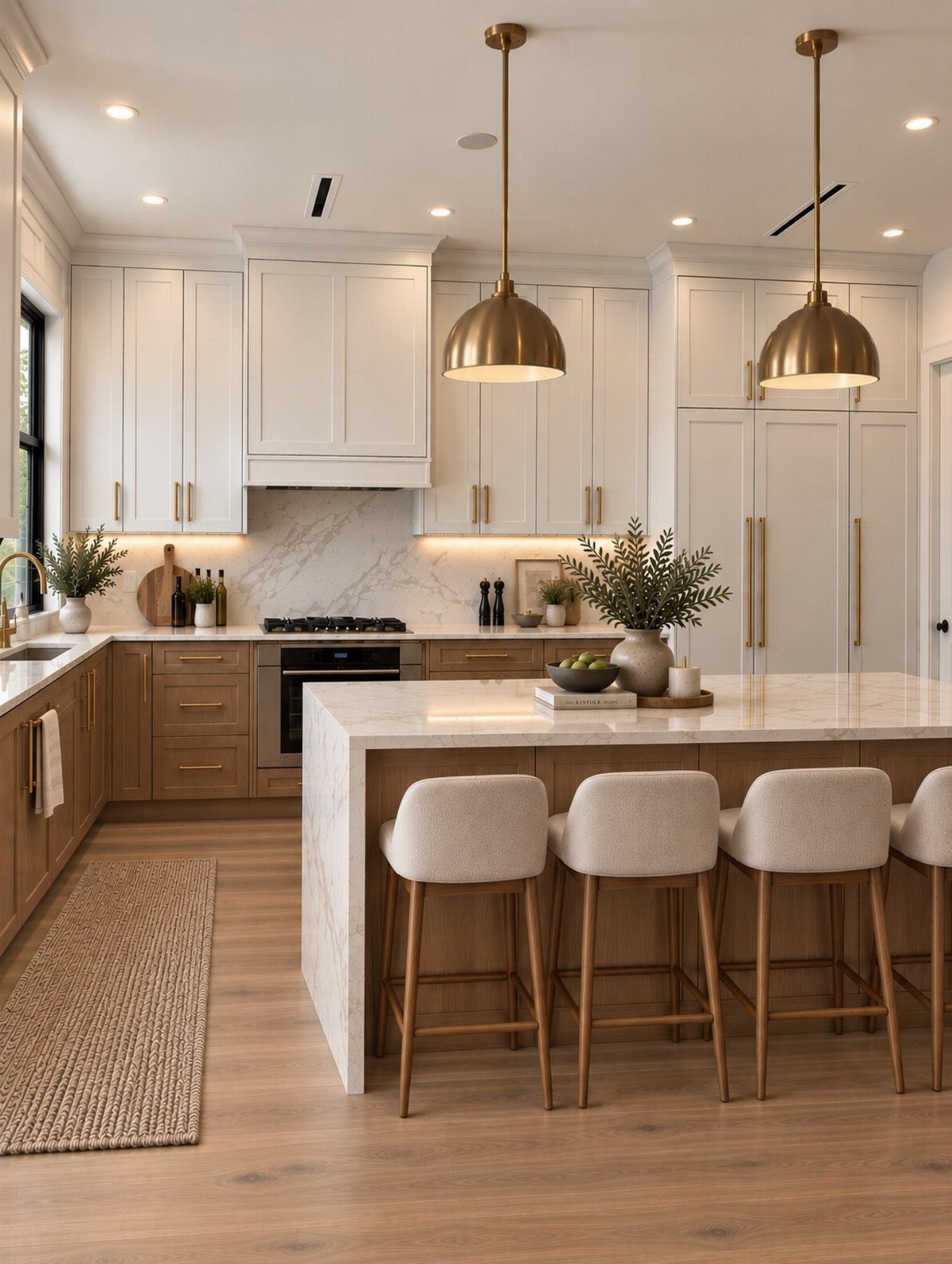 Bright neutral kitchen with white cabinets, marble island, gold pendant lights, and cream upholstered bar stools.