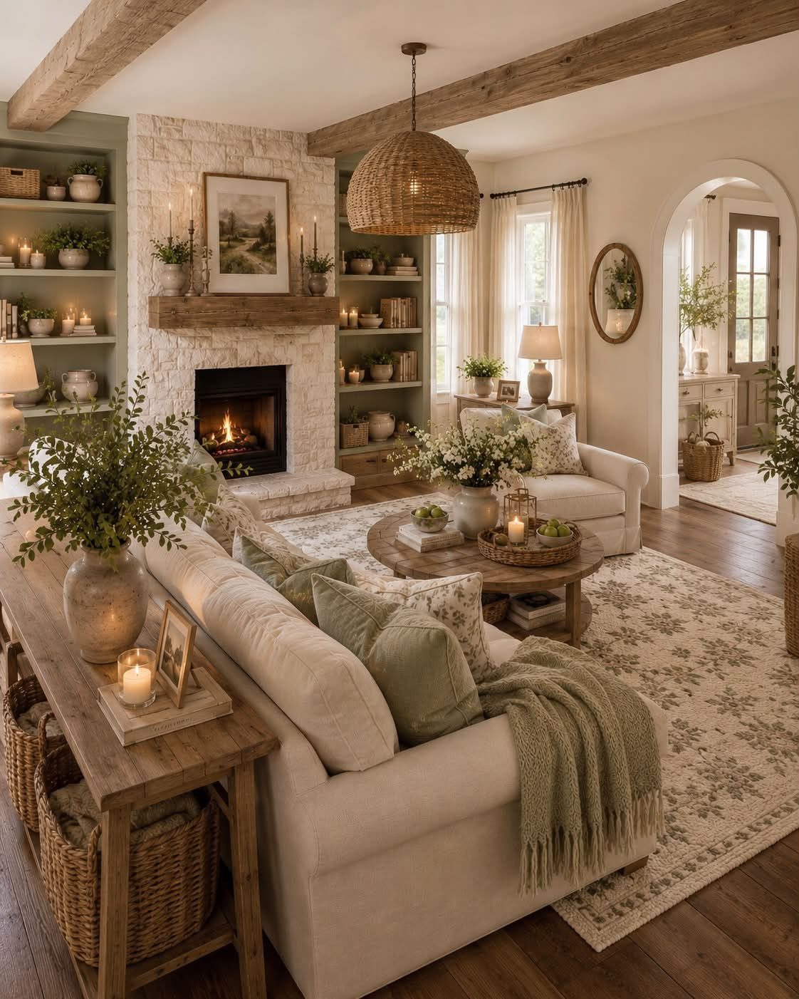 Cream sofa with green pillows and a knit throw in a warm living room.