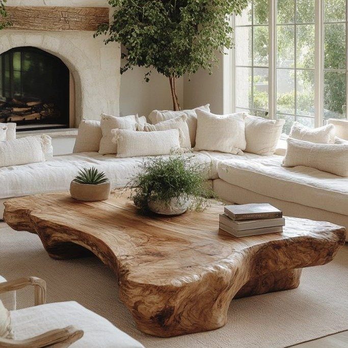 Large organic wooden coffee table in front of a white sectional sofa with many pillows.