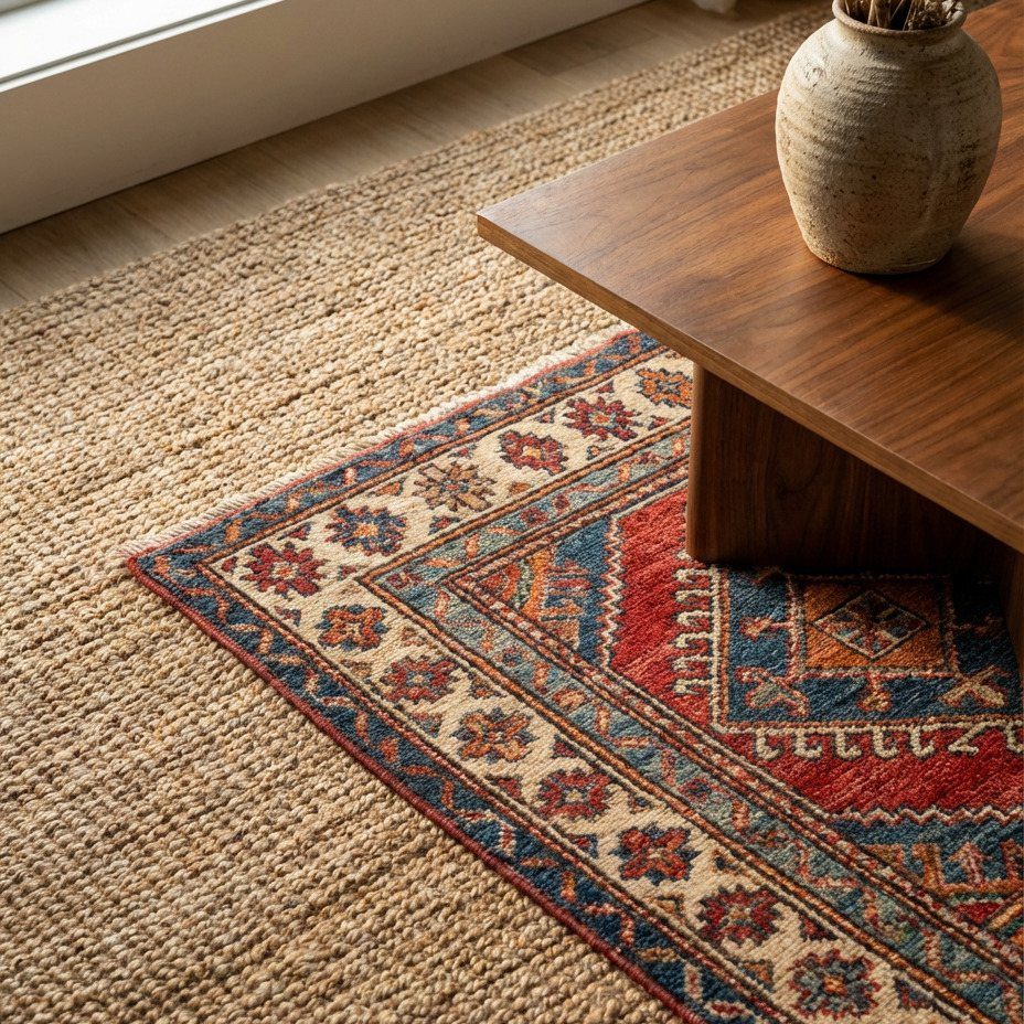 A patterned oriental rug layered over a large natural jute rug in a living room.