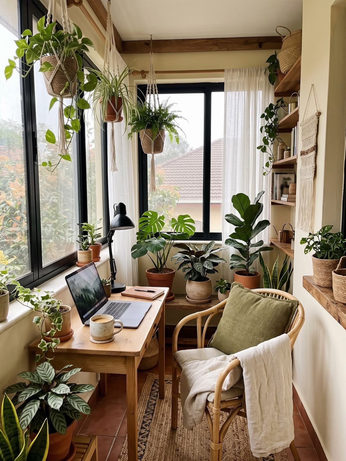 Green houseplants in various pots and hanging planters decorating a bright, sunlit home workspace.