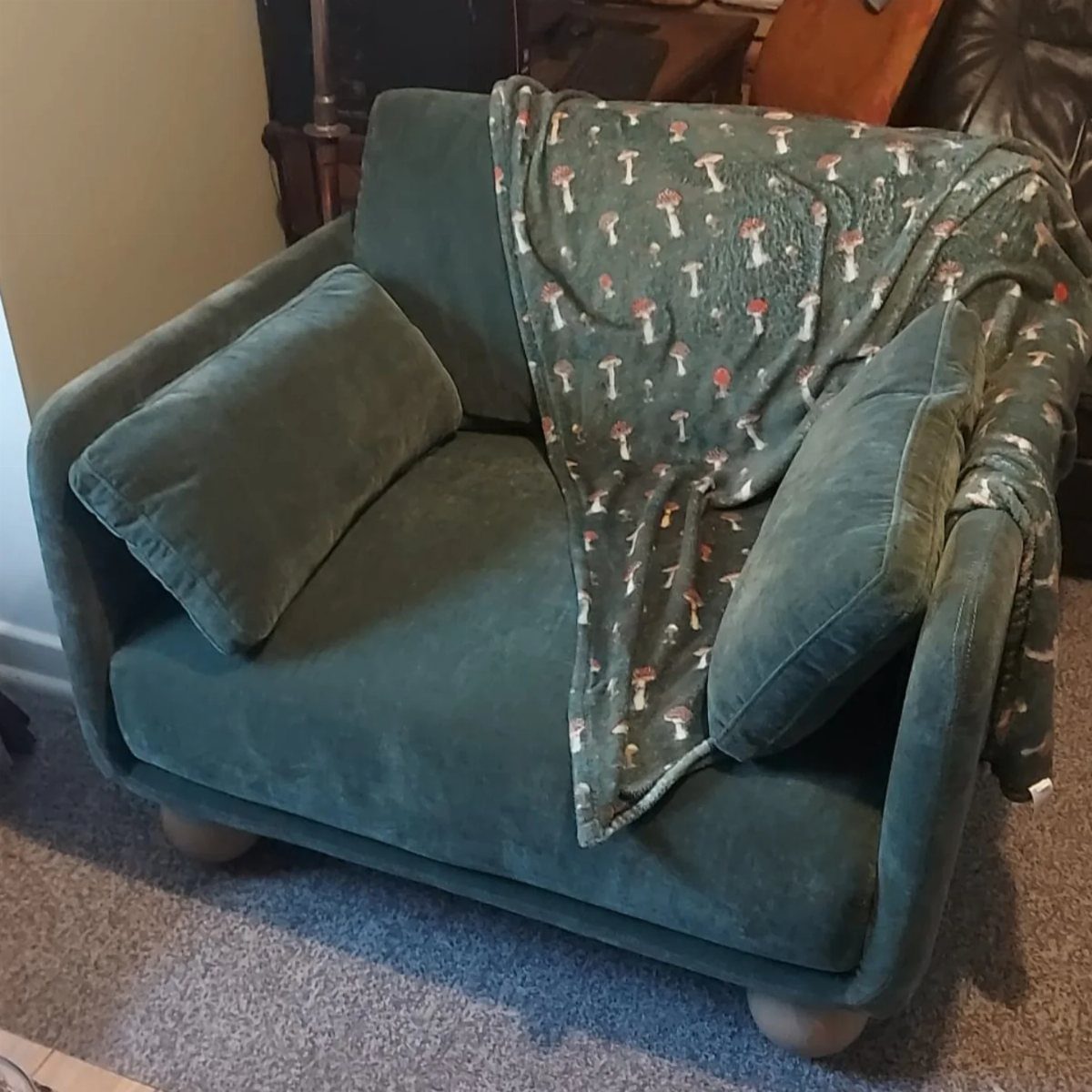 A small forest green velvet armchair with matching pillows and a mushroom print throw blanket.