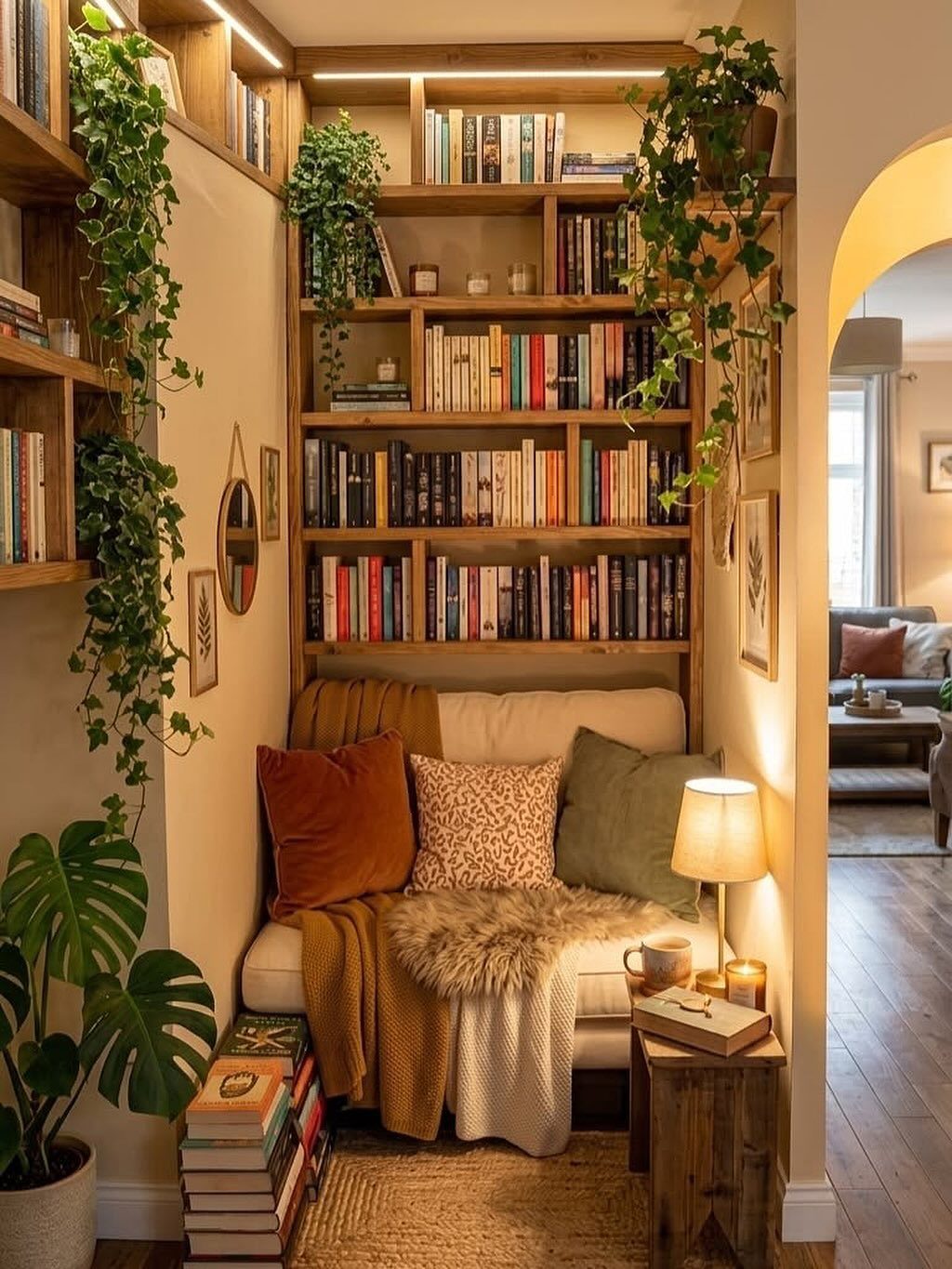 A cozy reading nook featuring built-in bookshelves, a small sofa with colorful pillows, and hanging green plants.