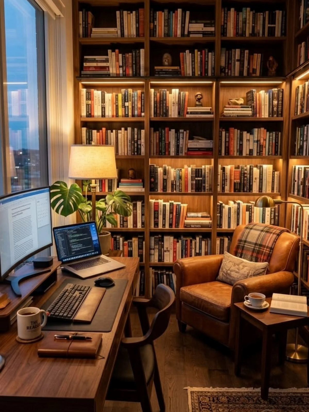 Floor-to-ceiling wooden bookshelves filled with books surround a leather armchair and a wooden desk.
