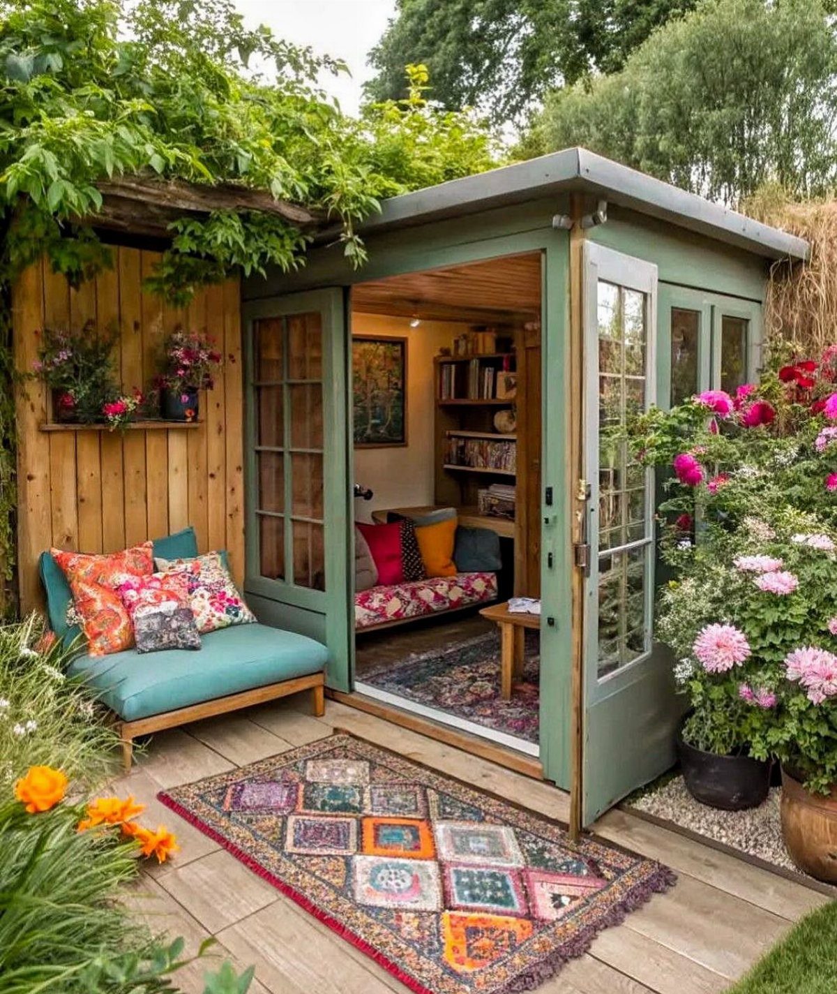 A green garden studio opening onto a wooden deck with colorful rugs and a lounge chair.