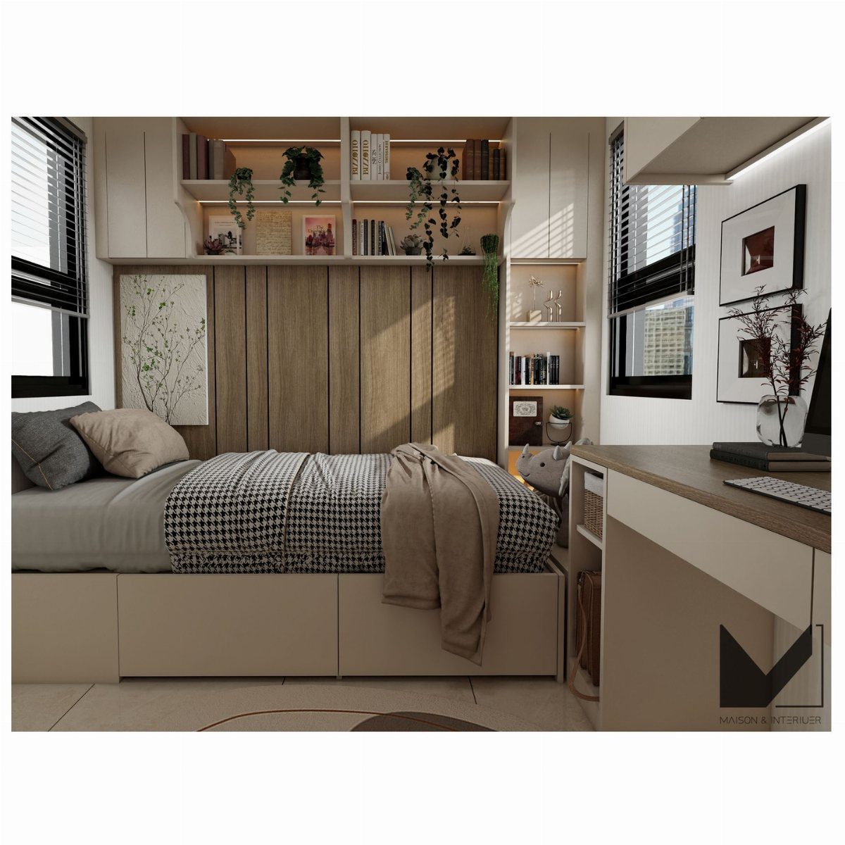 A modern daybed with patterned bedding and neutral pillows set against a wood-paneled wall with shelving.