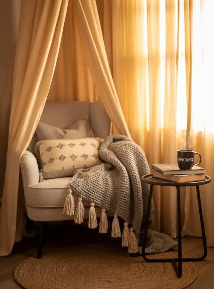 A grey armchair with decorative pillows and a tasseled throw blanket next to a small side table.