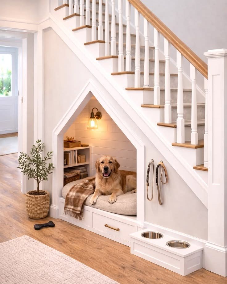 A golden retriever resting on a cushioned bed inside a built-in nook under a staircase.