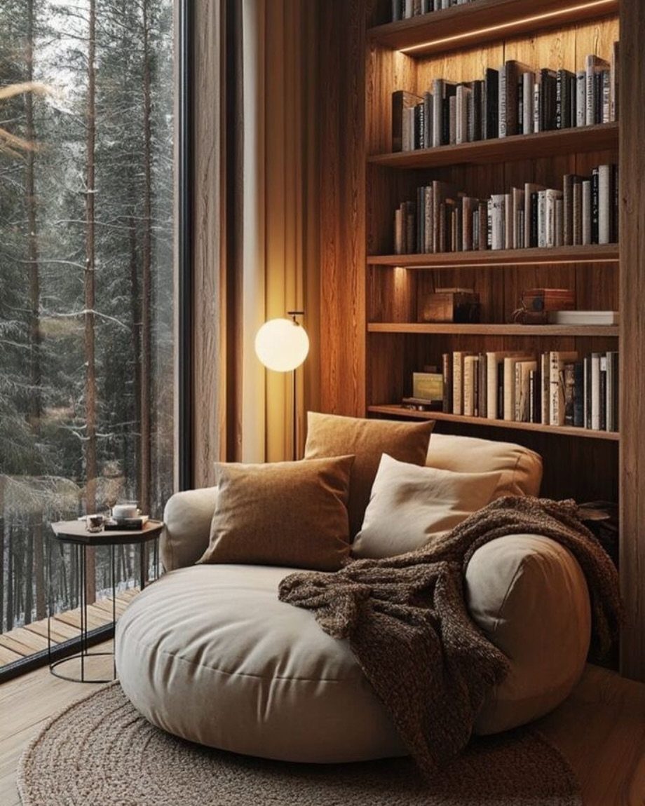 A large cream floor chair with pillows and a throw sits by a window and bookshelf.