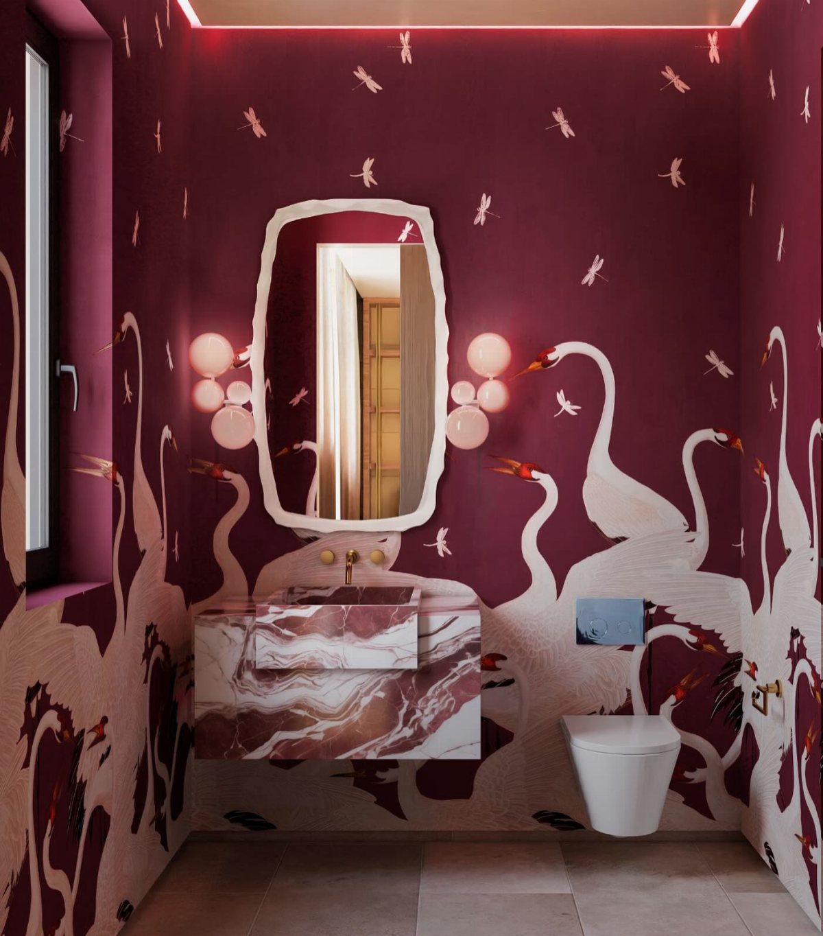 Irregularly shaped mirror mounted on burgundy walls with large white crane illustrations above a marble vanity.