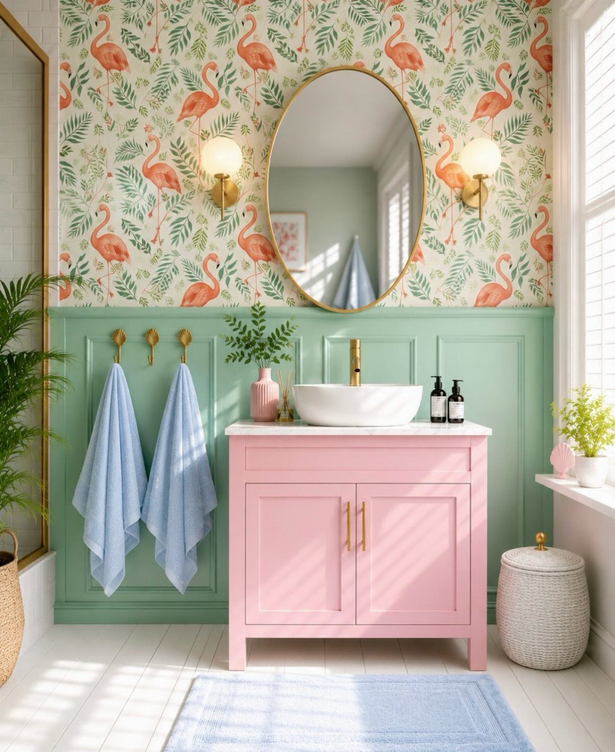 Pink vanity and mint green walls set against flamingo patterned wallpaper in a bright bathroom.