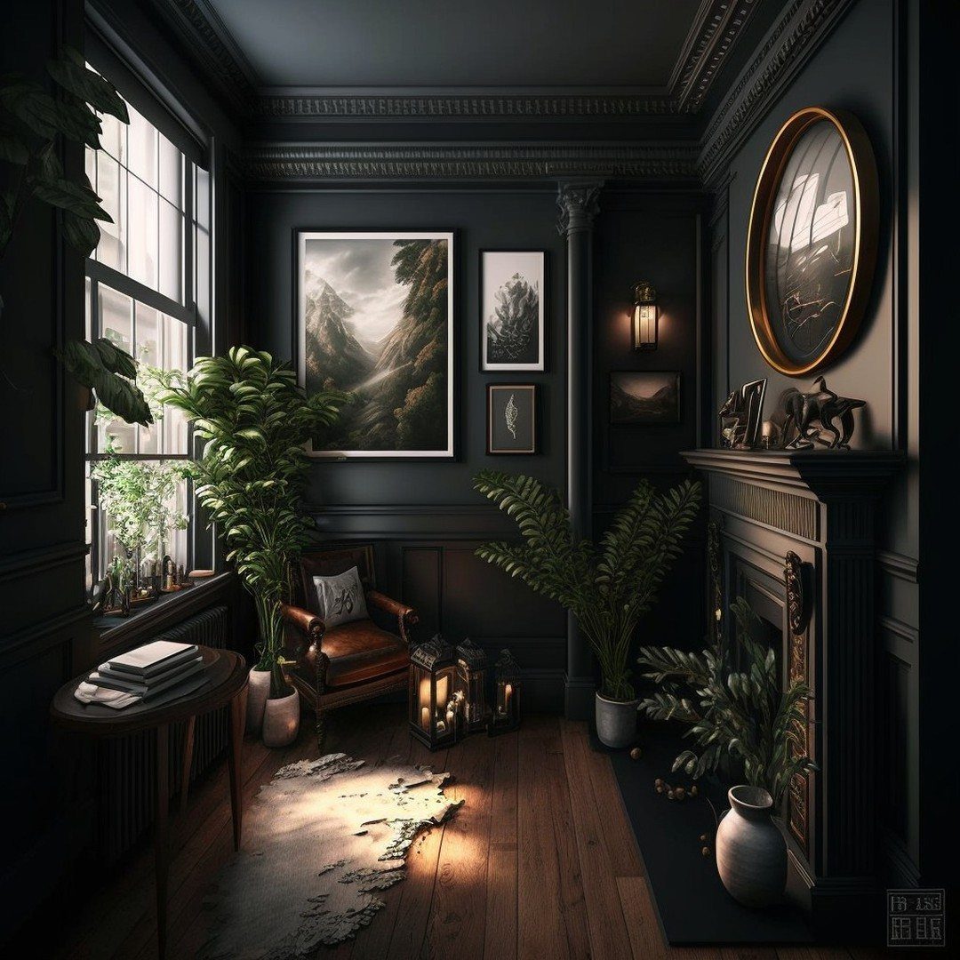 Dark academia room with charcoal walls, a fireplace, leather armchair, and lush green plants.