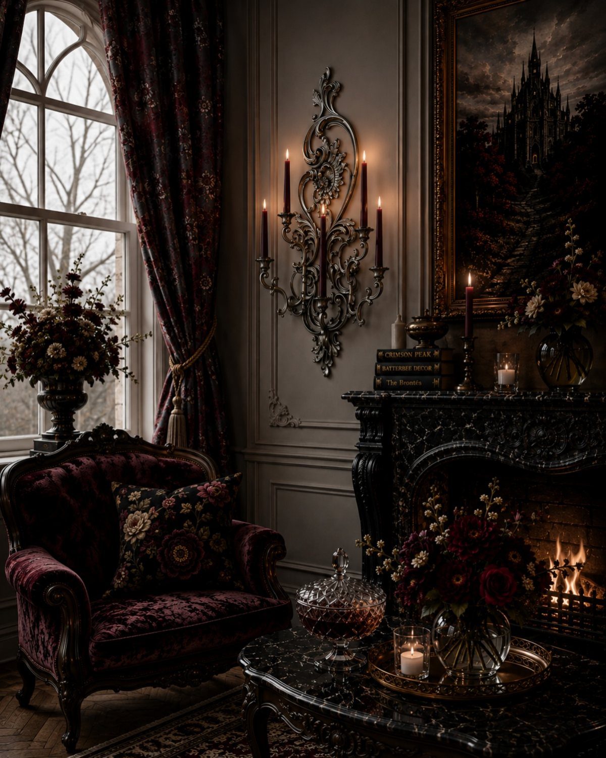 Ornate dark room with velvet armchair, gothic candelabra, and a black fireplace.