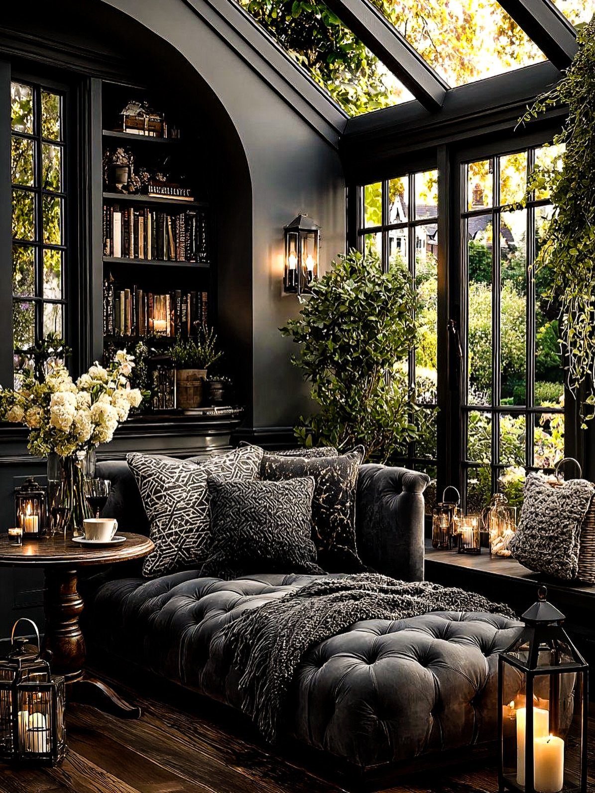 Charcoal velvet chaise lounge with various textured pillows and a knit blanket in a dark sunroom.