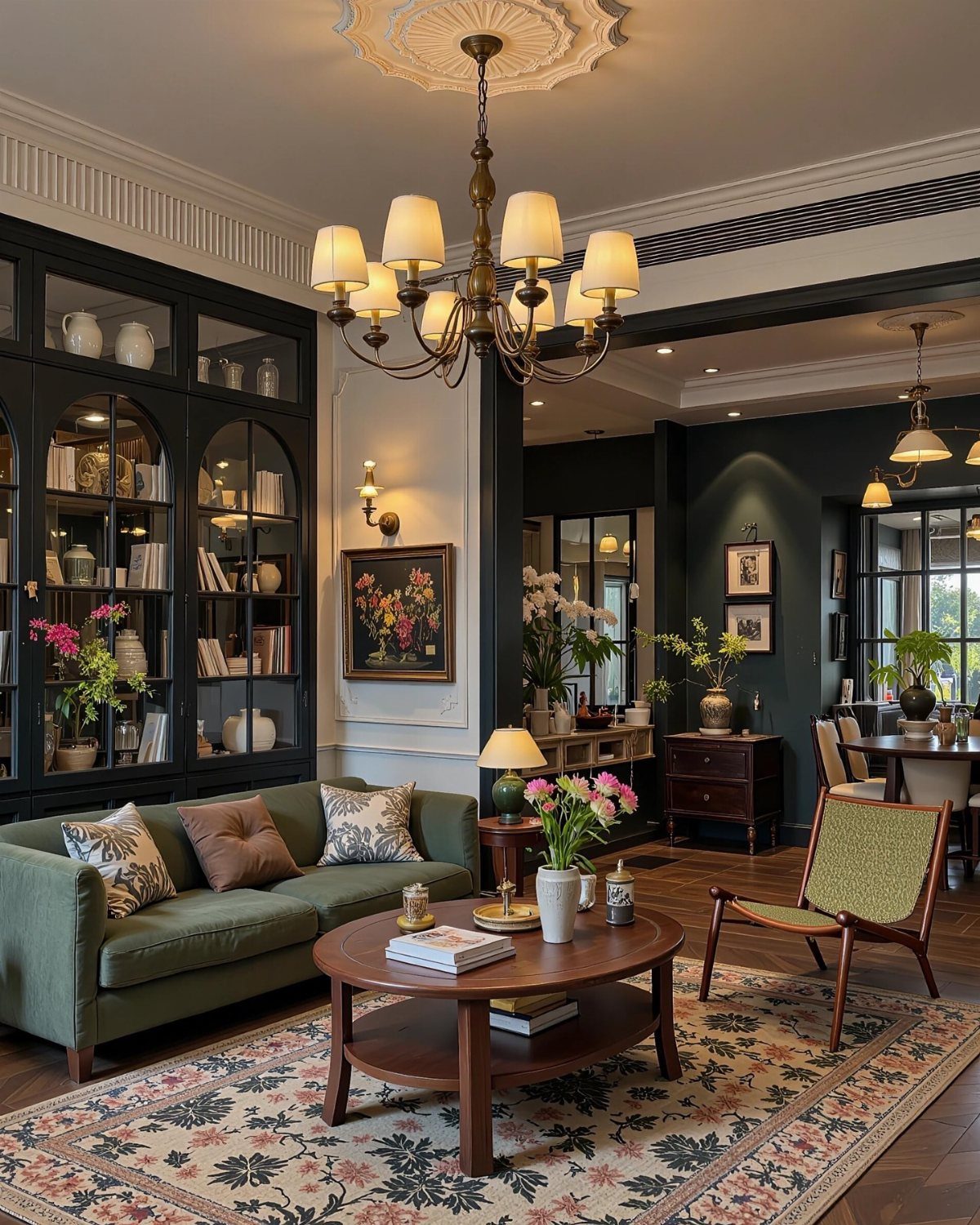Living room with dark green sofa, wooden coffee table, and large black built-in bookshelves.