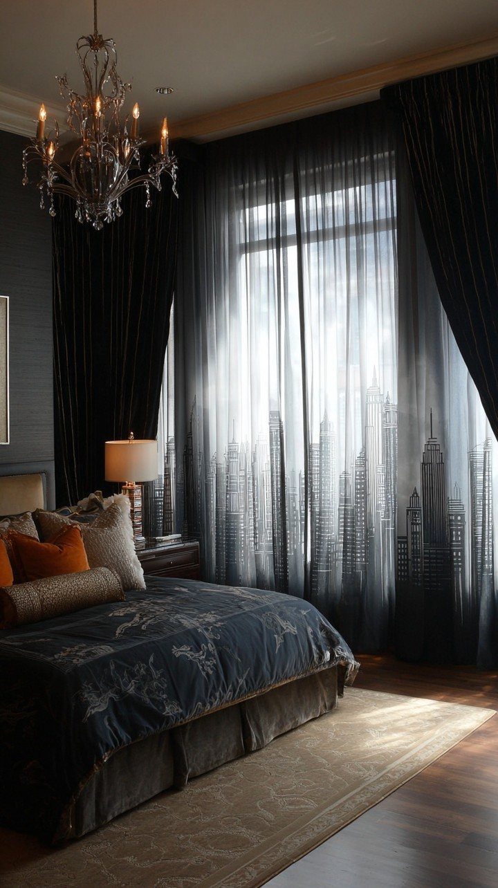 Dark bedroom with a large bed, crystal chandelier, and heavy black curtains over sheer panels.