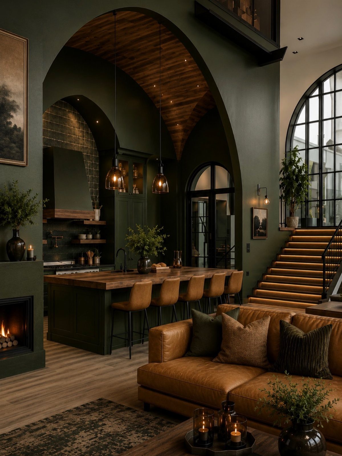 Dark green kitchen and living space featuring warm pendant lighting, leather sofas, and arched wooden ceilings.