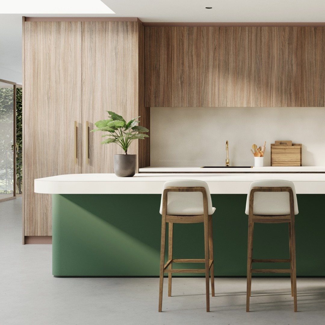 Dark green kitchen island with white countertop and wooden bar stools in a modern kitchen.