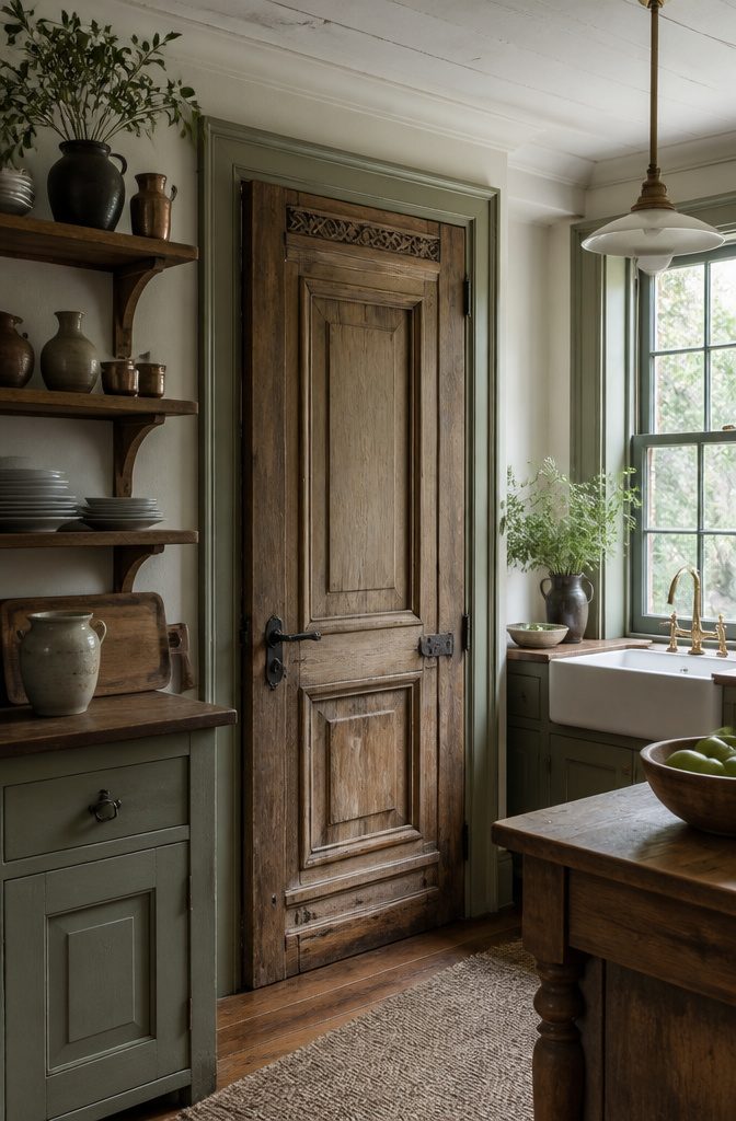 An antique pantry door with intricate carvings in a vintage kitchen.