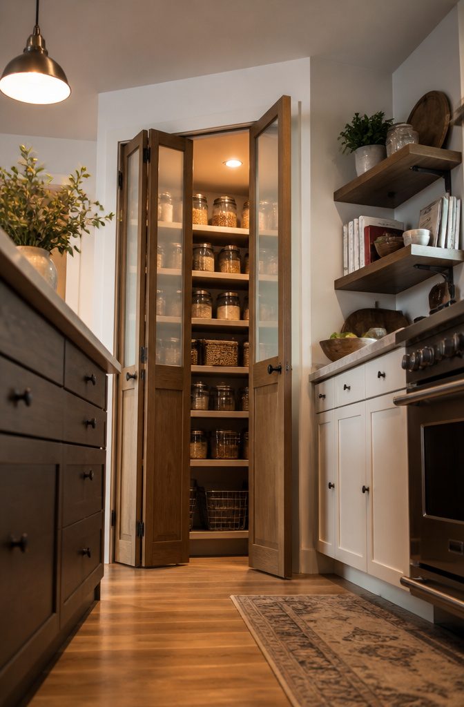 Bi-fold pantry doors that fold back in a compact kitchen.