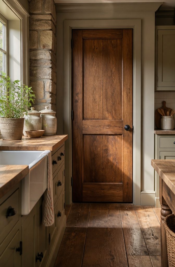 A solid wood panel pantry door in a rustic kitchen.