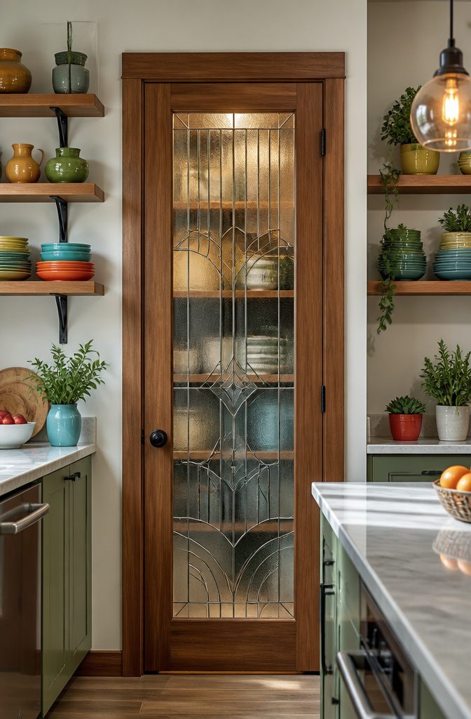A pantry door made of patterned glass with geometric etchings.