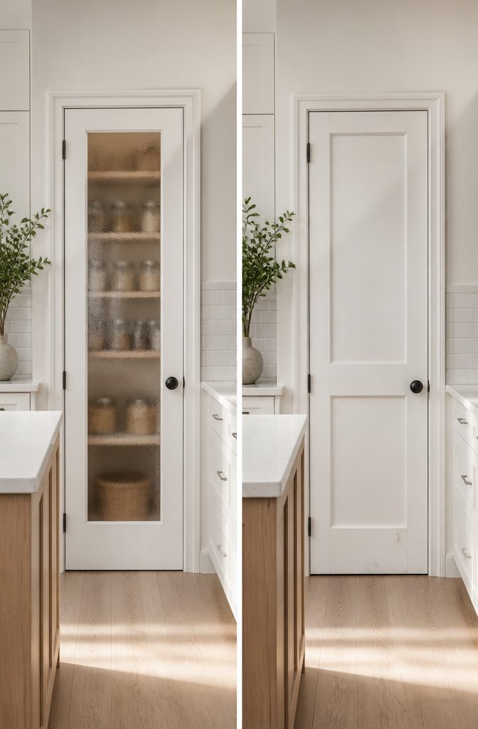 Frosted glass pantry doors in a well-lit kitchen.