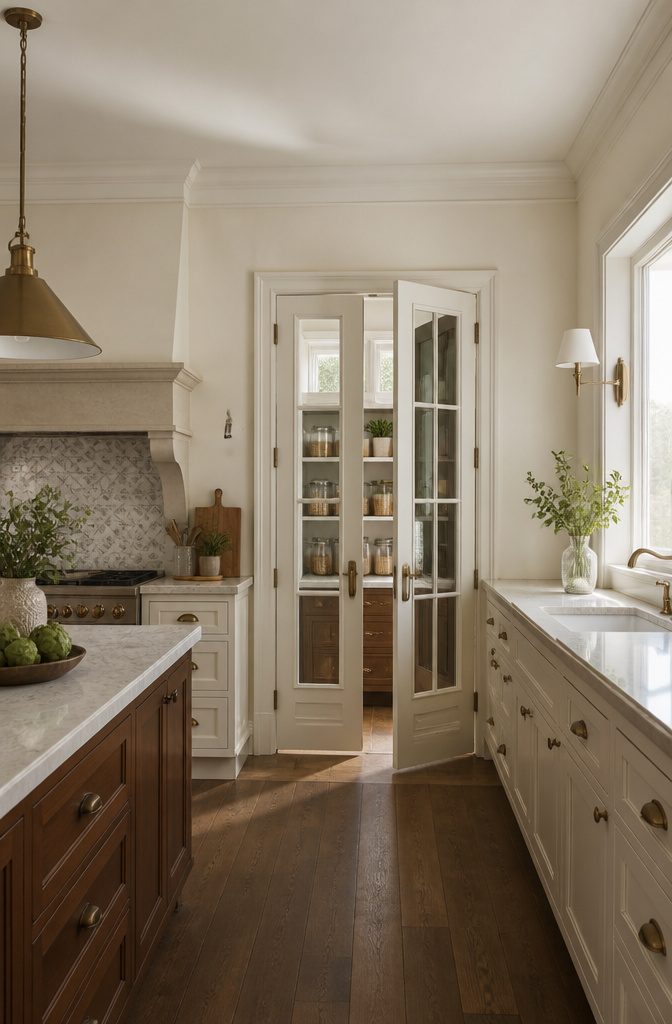 French-style pantry doors with glass inserts in a vintage kitchen.