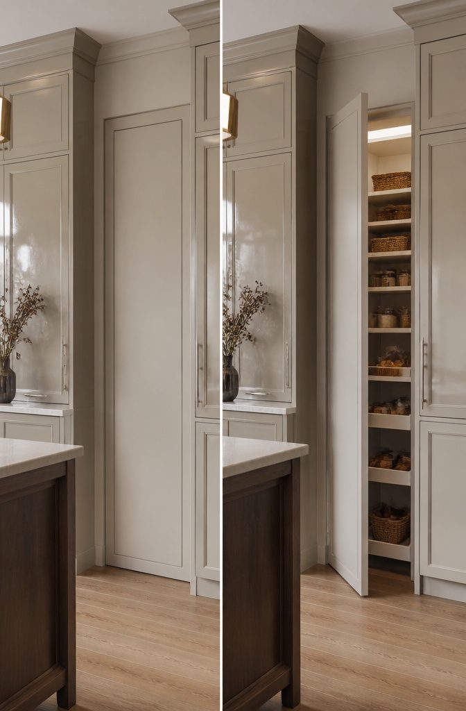 A hidden pantry door with concealed hinges in a kitchen.